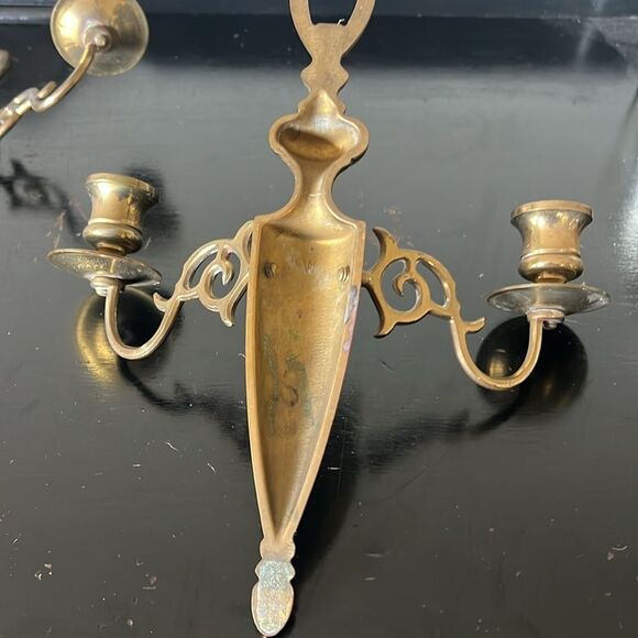 2x Brass Candlestick Sconces Vintage 2 Arm Pair - Picture 7 of 11